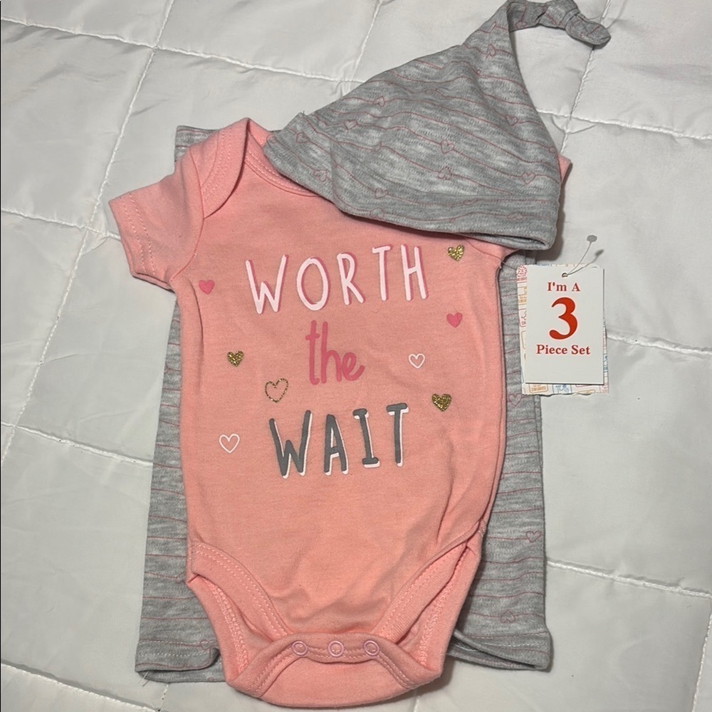 Pink and Gray Baby Outfit Set, Onsie, Pants, and Hat - Picture 6 of 6